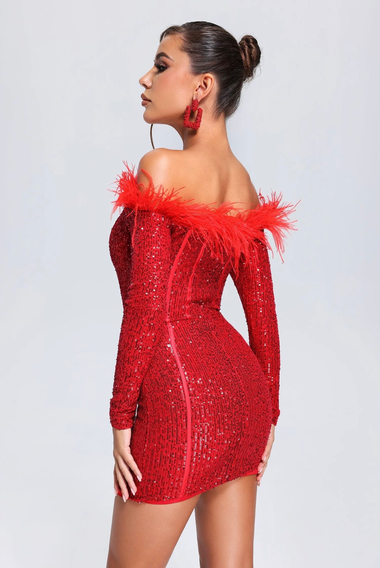 Wooh Feather Sequin Mini Dress - Red