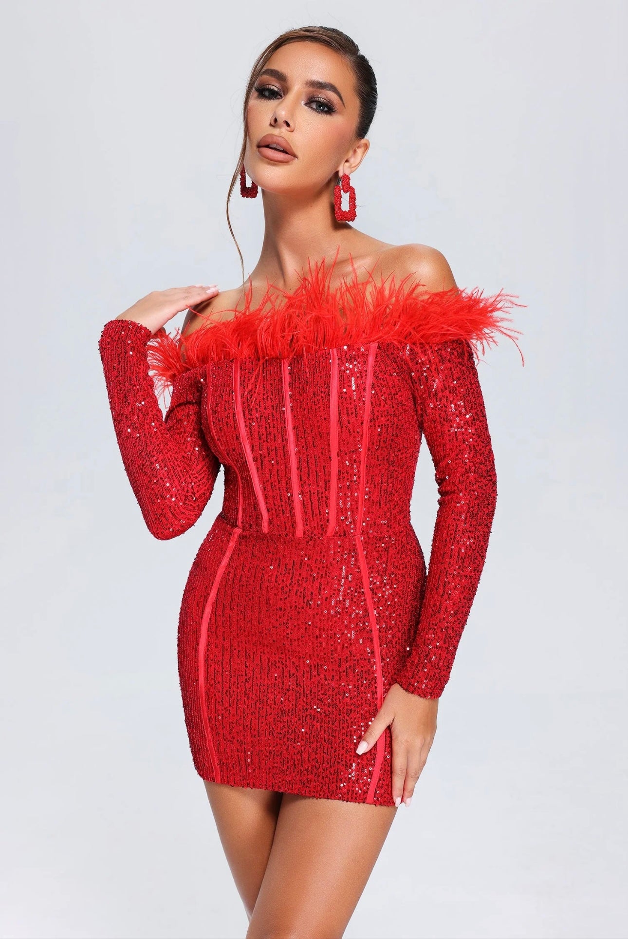 Wooh Feather Sequin Mini Dress - Red