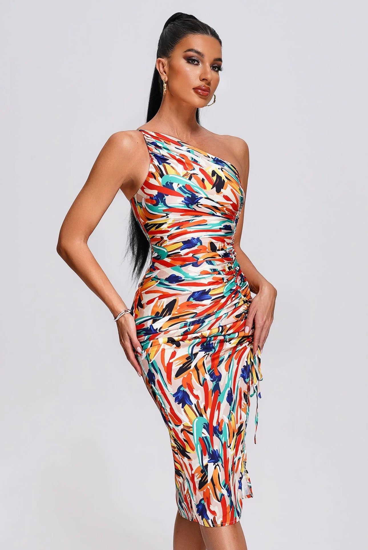 Split One Shoulder Printed Midi Dress