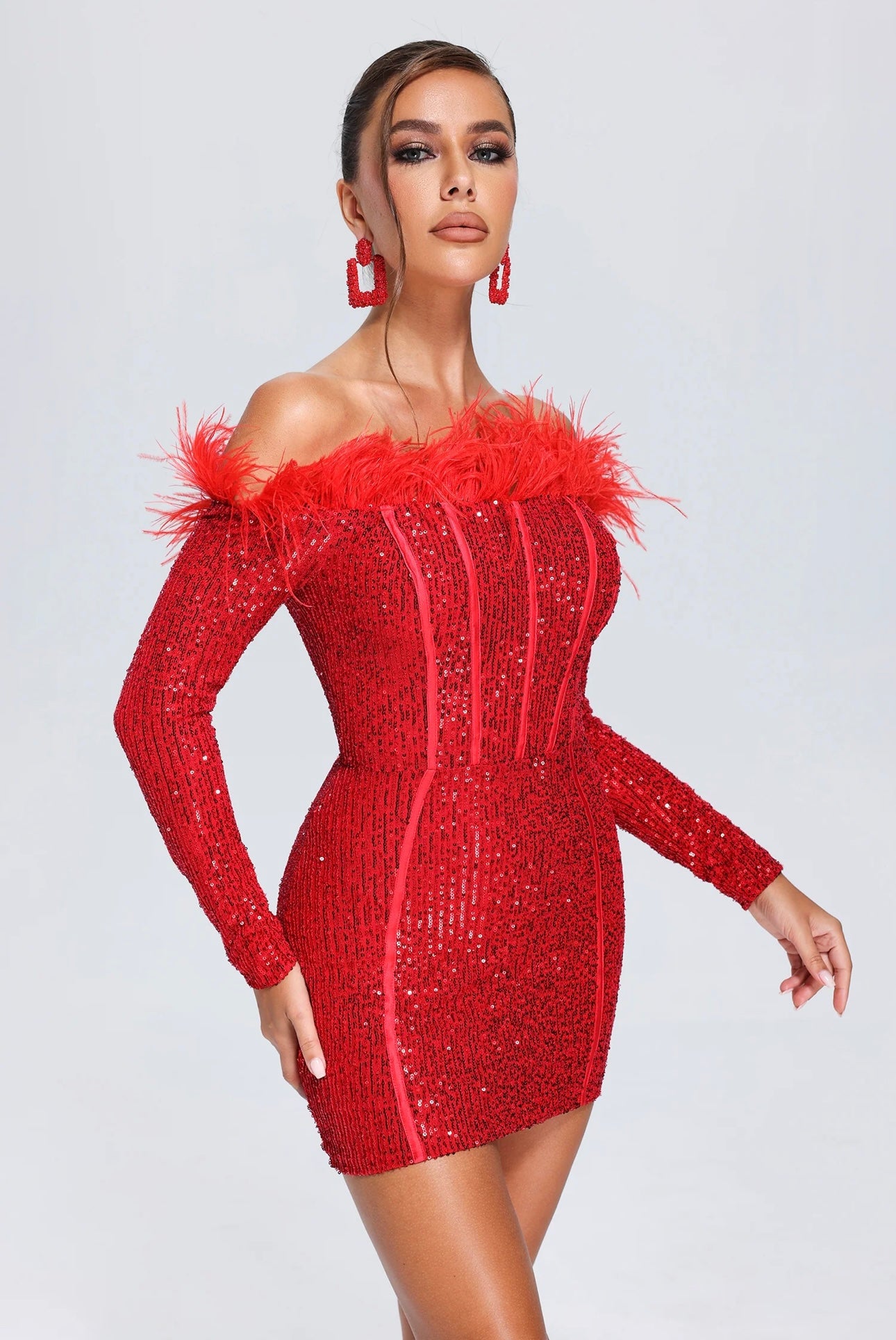 Wooh Feather Sequin Mini Dress - Red